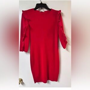 Zara Red Knit Sheath Dress Elbow Ruffle Sleeve Size Med. Festival Event